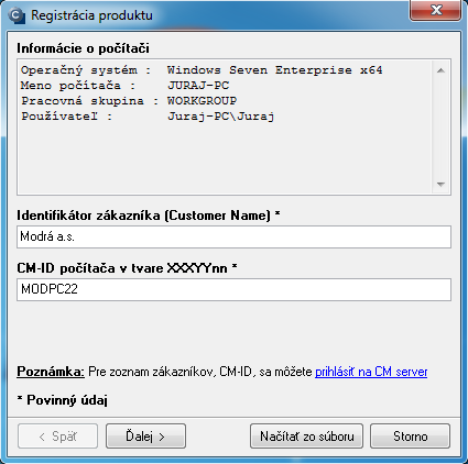 Registration of C-Monitor client by manual entry of CM ID and customer identifier