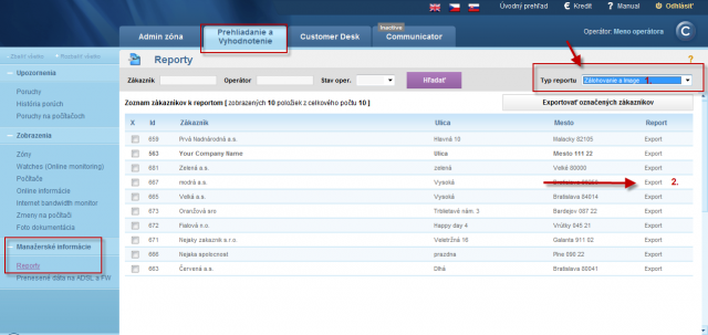 Vstup do reportov a export pre vybraného zákazníka