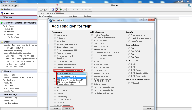 Entry to watches and addition of conditions for monitoring of SQL server's General performance