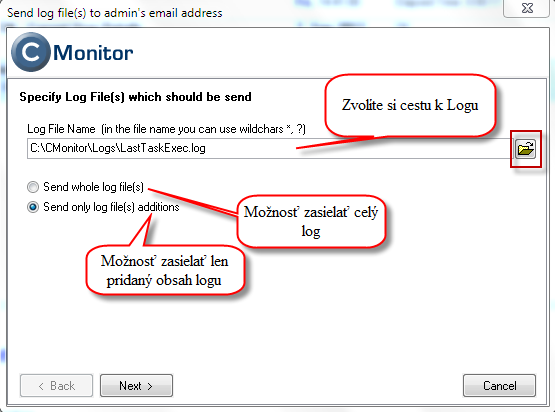 Setting path to the log file and choosing whether the task will send the entire file or just its changes Setting path to the log file and choosing whether the task will send the entire file or just its changes