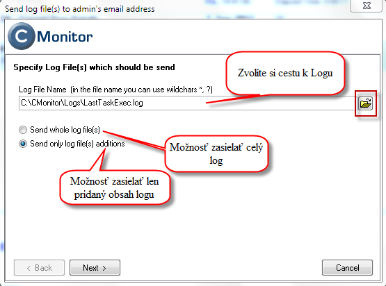 Setting path to the log file and choosing whether the task will send the entire file or just its changes