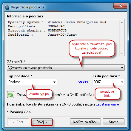 Selection of customer, number and type of the computer