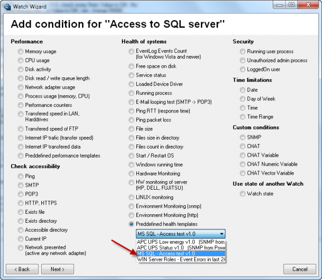 Test of access to SQL server - selection from the prepared templates