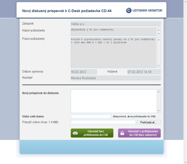 Zjednodušený formulár pre zadanie diskusného príspevku vyvolaný linkom z emailov z C-Desk