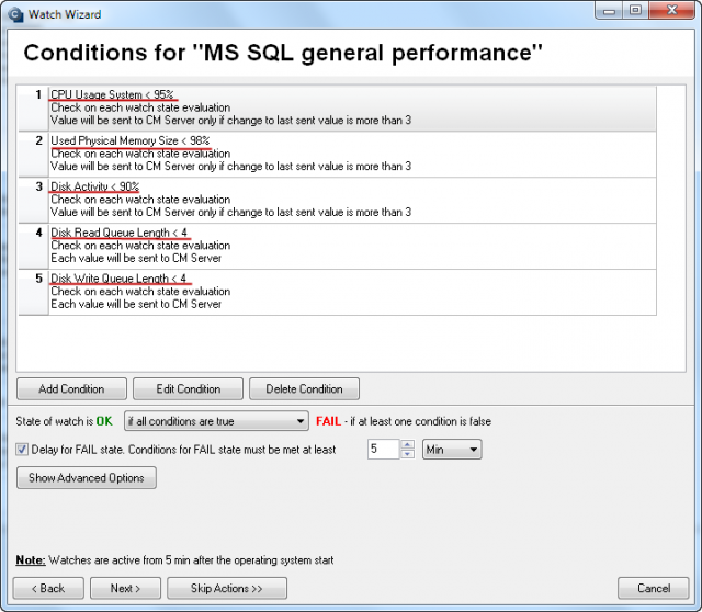 Overview of parameters that are included in the template, to which you can adjust limit values for occurence of error, afterwards continue according to the wizard (set or skip the setup of actions)