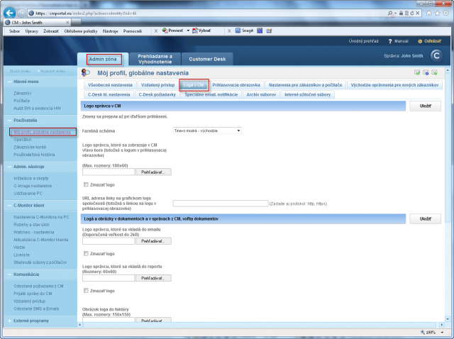 Setup of company logo in the CM environment. The setting is valid for both access addresses (default and custom domain)