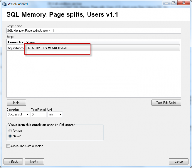 Field to enter name of the SQL server or instance in the wizard  (to reopen this dialog, double click on the first condition in CHAT)