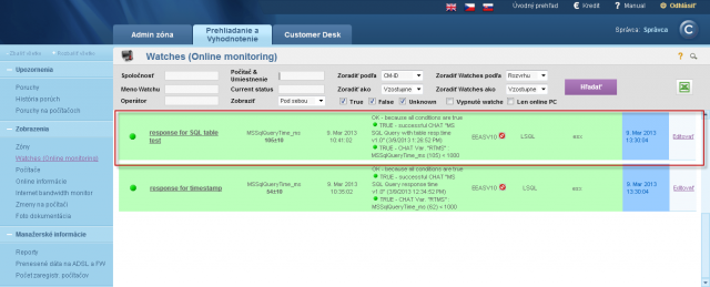 View of the measured data on CM portal