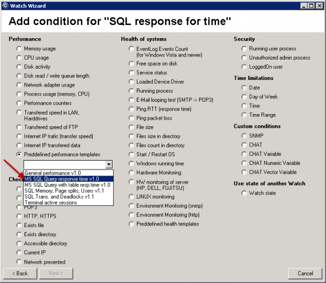 Selection of template in the Watches wizard in C-MonitorConsole for measuring of response with the timestamp command