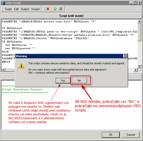 Since there are passwords saved in the script, C-Monitor offers their encryption by a key (you can for example obtain it through Puttygen, the same way you generate a key for SSH communication). 