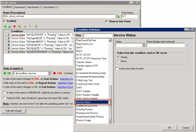 Configuration of the conditions Service status in C-MonitorConsole