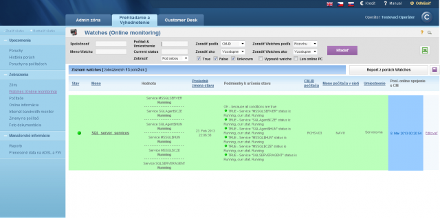 Illustration of the view of service status on CM Portal