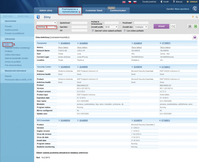 Example of information in CM portal about antivirus softwares ESET NOD 32 and Microsoft Security Essentials