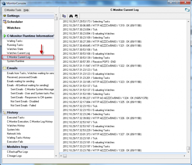 C-Monitor Current Log displayed through C-Monitor client's Scheduler