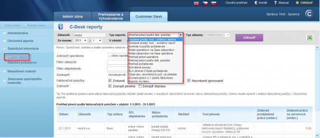 View of types of C-Desk reports