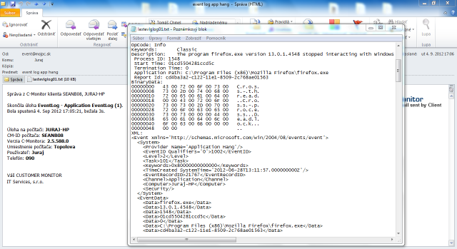 Email sent from C-Monitor, which contains detailed information about application hang events from the event log