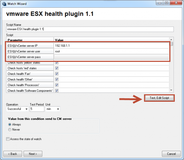Setting the IP address and login data to ESX server + test of function