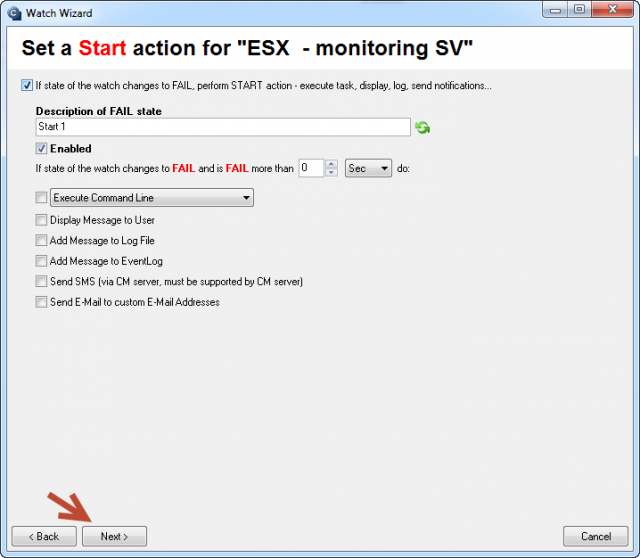 Setup of actions in case the Watch is switched to Fail state