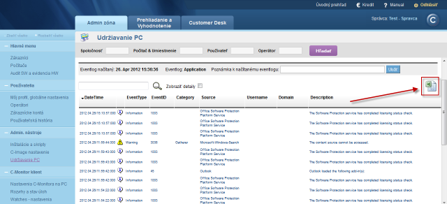 Eventlog s možnosťou exportu do .xls