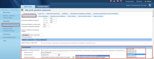 Nastavenie parametrov exchange servera