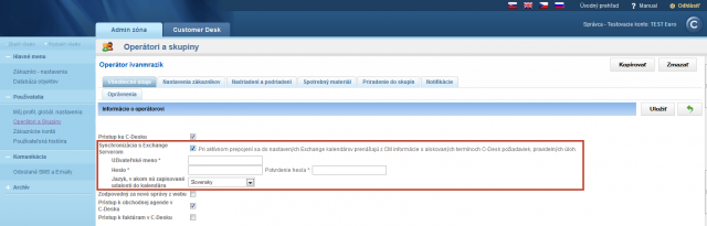 Nastavenie konta operátora pre synchronizáciu s Exchange serverom Nastavenie konta operátora pre synchronizáciu s Exchange serverom