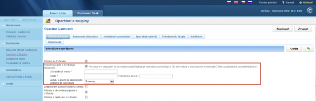 Nastavenie konta operátora pre synchronizáciu s Exchange serverom