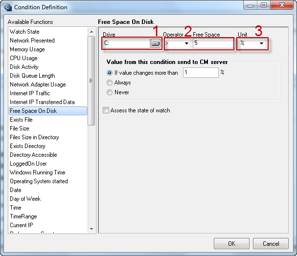 Setup of free space on disk monitoring