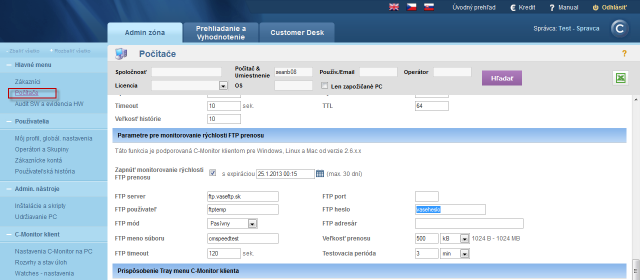 Setup of FTP transfer speed monitoring via CM portal