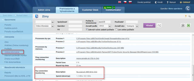 View of the current Ftp transfer speed at Online information