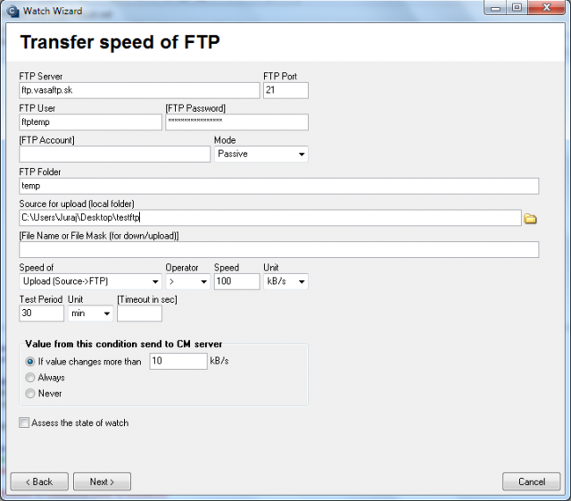 Set parameters for monitoring of Ftp speed