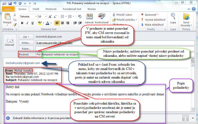 Príklad emailu od zákazníka, ktorý sa forwardne na CM server. Ak  sa vám v časti from zobrazí meno : musí sa napísať emailová adresa zákazníka na začiatok emailu