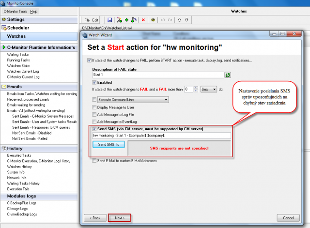 Setup of action when the watch is switched to fail state, option to send SMS message