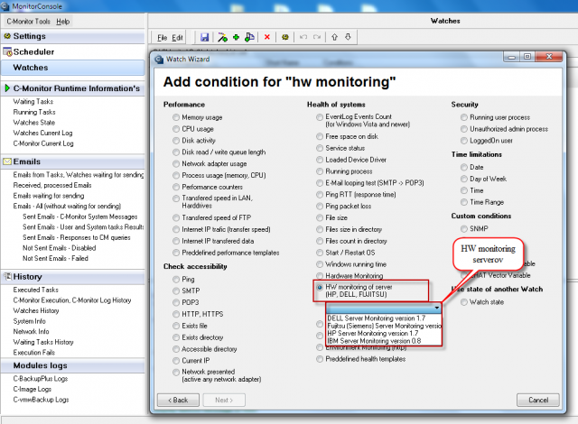 Launch of the wizard for monitoring of selected server brand