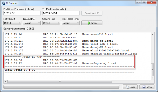 An example of IP scanner output with found IP addresses through ARP