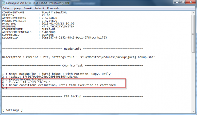 Zobrazenie logu z priebehu zálohovania spolu s execution conditions