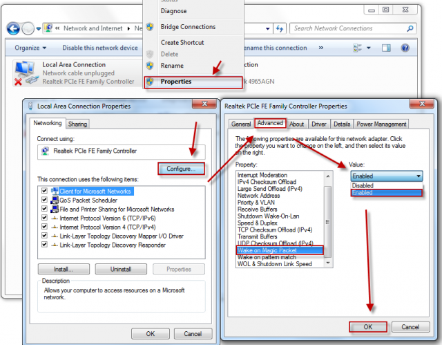 Povolenie wake on lan v nastavení sieťového adaptéra 