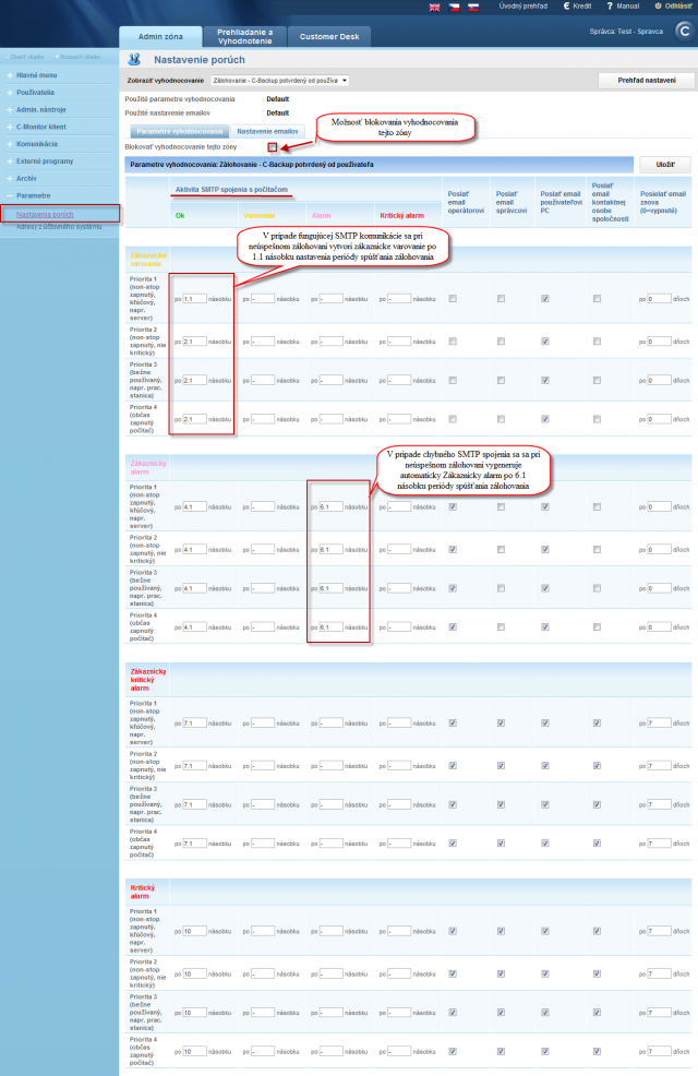 Example of setup of error evaluation for C-Backup