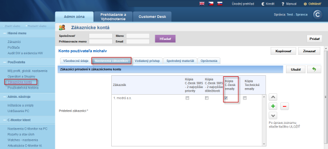 Nastavenie zákazníckeho konta pre príjímanie emailov z C-Desk