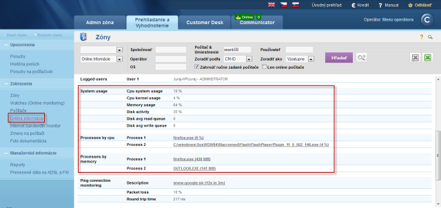 Online info on CM portal - current status and highlighting of the lines with CPU, Memory processes