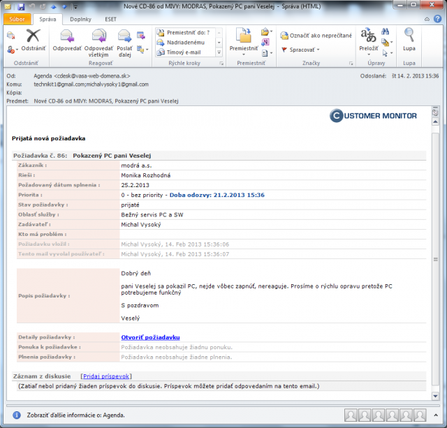 Email upozorňujúci na novú požiadavku v plnej forme