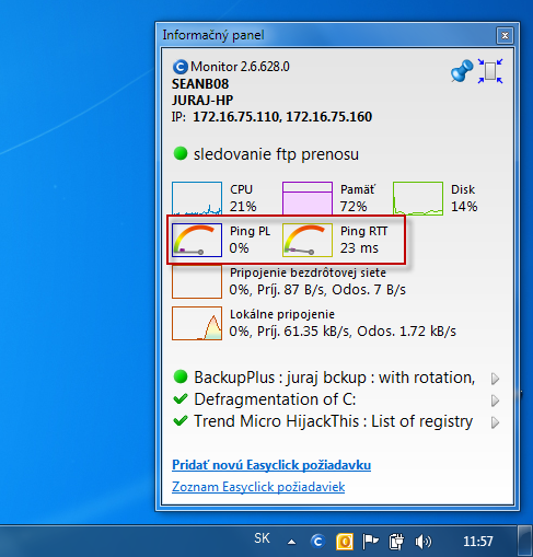 Info panel showing the current state of ping PL, RTT 