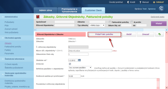Pridanie novej fakturačnej položky do Účtovnej objednávky