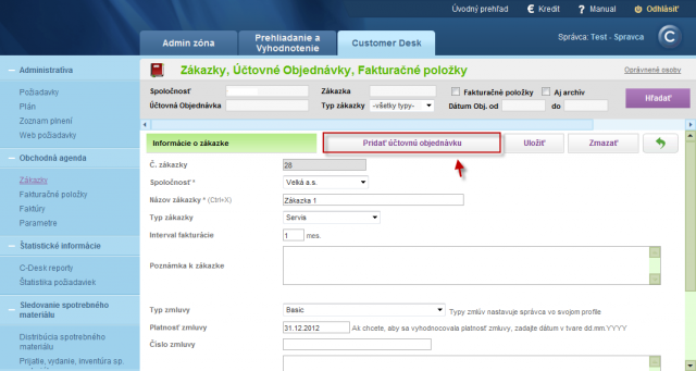 Pridanie novej účtovnej objednávky do Zákazky