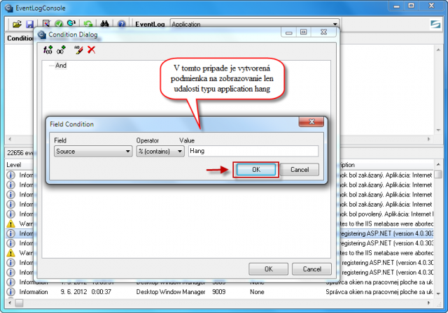 Example, where only events of the type "application hang" will be displayed Example, where only events of the type "application hang" will be displayed