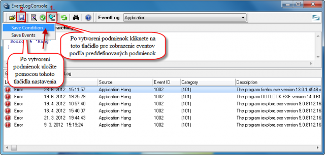 View of events according to predefined conditions + saving the settings