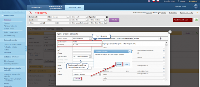 Creation of contacts to customer