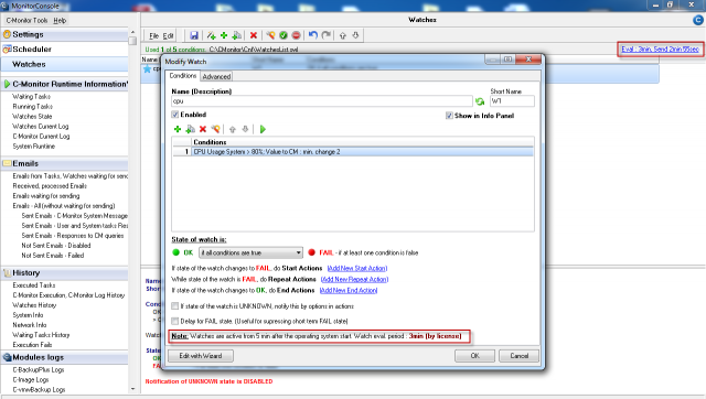 Interval of Watches evaluation and sending of data to CM Server for Standard license