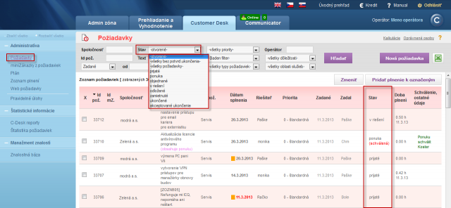 Požiadavky – prehľad stavu zobrazených požiadaviek