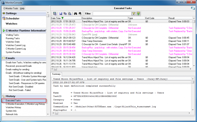 View of a list of executed tasks through C-Monitor client