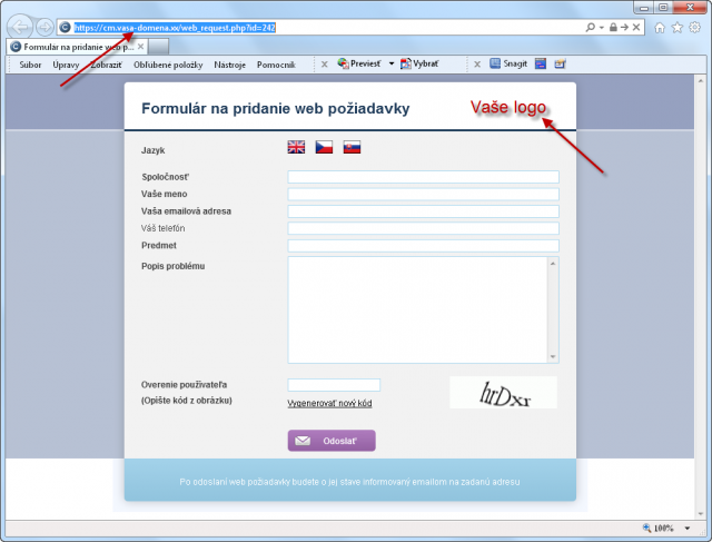Web form to a new request with fields, which may be customized